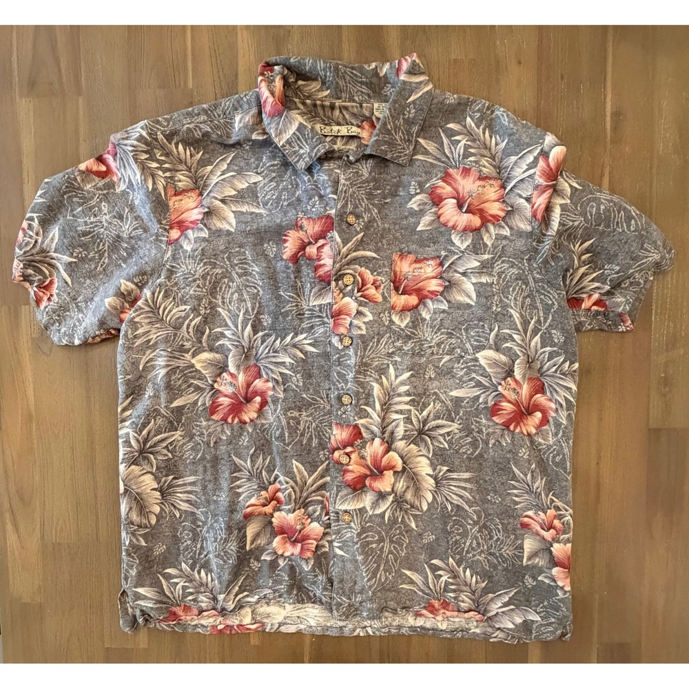 Batik Bay Mens Large 100% Silk Hibiscus Floral Hawaiian Camp Shirt Blue Red L